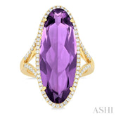 26x10 MM Oval Cut Amethyst and 1/2 ctw Round Cut Diamond Halo Semi Precious Ring in 14K Yellow Gold